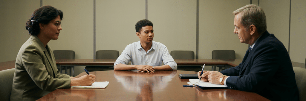Simulation d’un oral avec un étudiant face à un jury dans un contexte académique