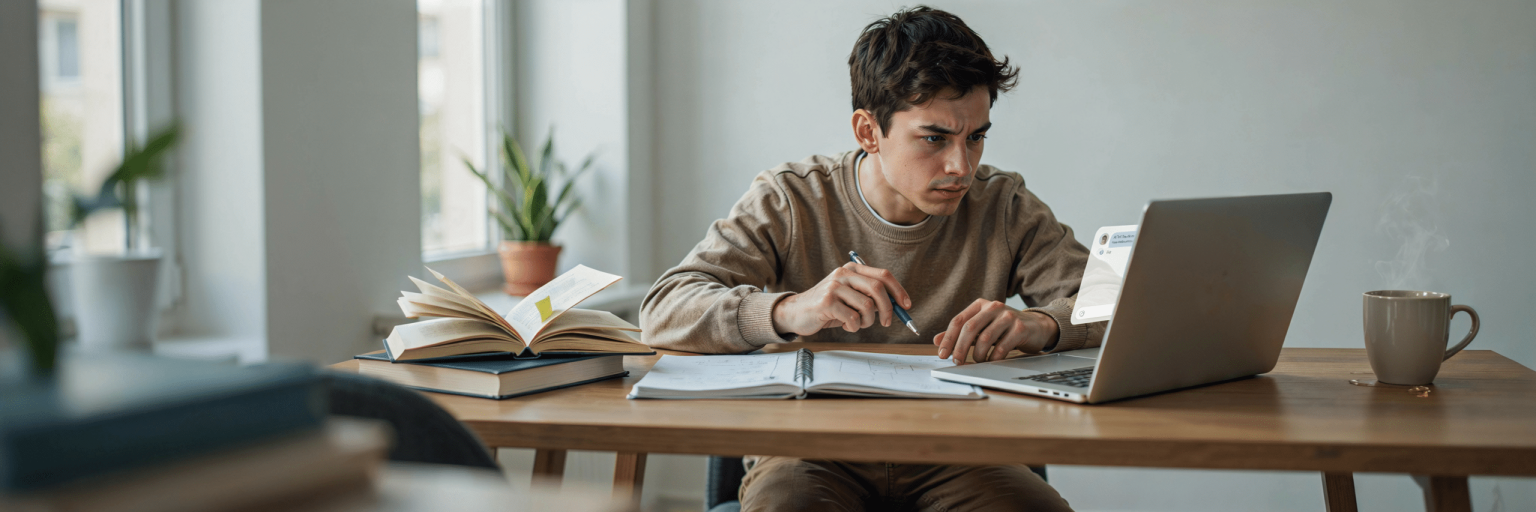 Étudiant en train de réviser activement un cours de médecine avec un ordinateur et un cahier